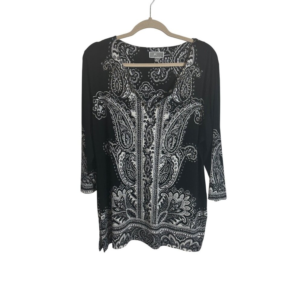 JM Collection Black & White Paisley Tunic Top 3/4 Sleeve XL Womens Blouse XL